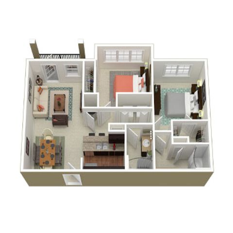 Modern 3D floor plan featuring 2 spacious bedrooms, an open-concept kitchen and living area, and elegant bathroom design.
