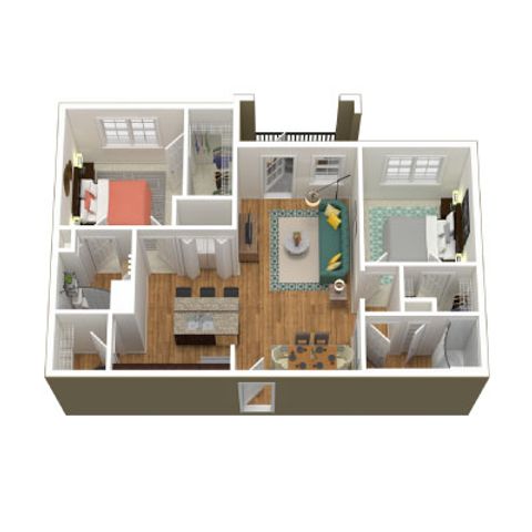Modern 3D floor plan showcasing 2 cozy bedrooms, an elegant living area, and a sleek kitchen with dining space.