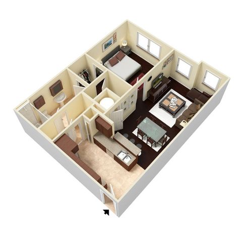 Chic 3D floor plan showcasing a cozy apartment with one bedroom, an elegant living area, and a modern kitchen with breakfast bar.