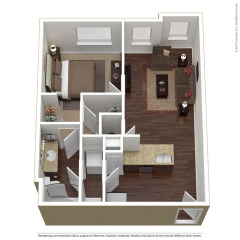Charming 1-bedroom apartment floor plan featuring an elegant living room, spacious kitchen with granite countertops, and a stylish bathroom.