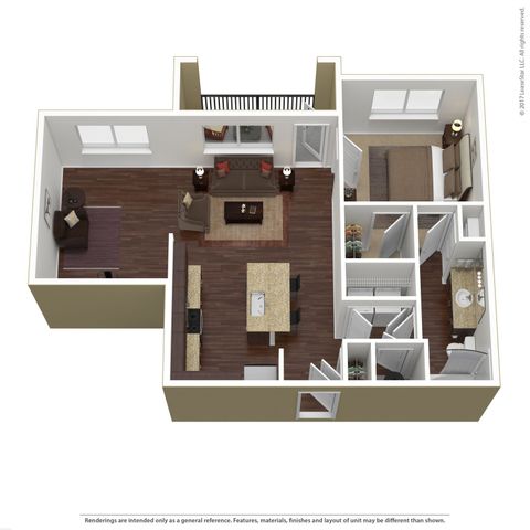 Modern 3D floor plan featuring a cozy 1 bedroom, inviting living area, and stylish kitchen with island seating.