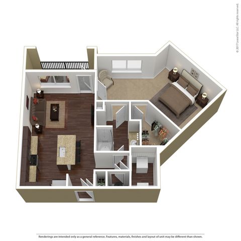 Modern 3D floor plan showcasing a cozy 1-bedroom apartment with an open-concept kitchen and living area, and a private balcony.