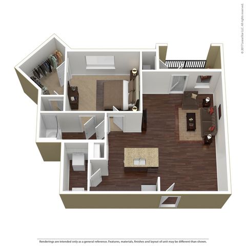 Chic 3D floor plan showcasing a modern 1-bedroom apartment with an open-concept living area, stylish kitchen island, spacious bathroom, and cozy balcony.