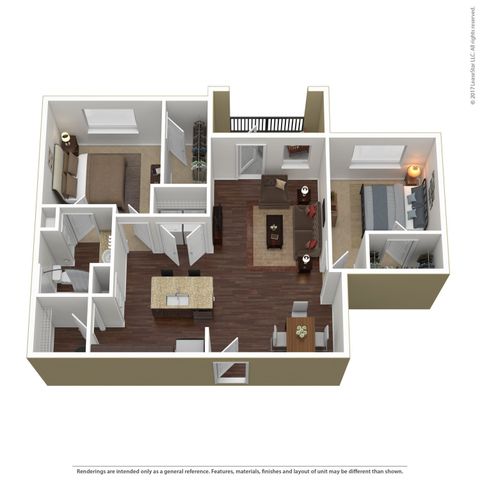 Modern 3D apartment floor plan featuring 2 bedrooms, cozy living room, and an open kitchen with a breakfast bar.