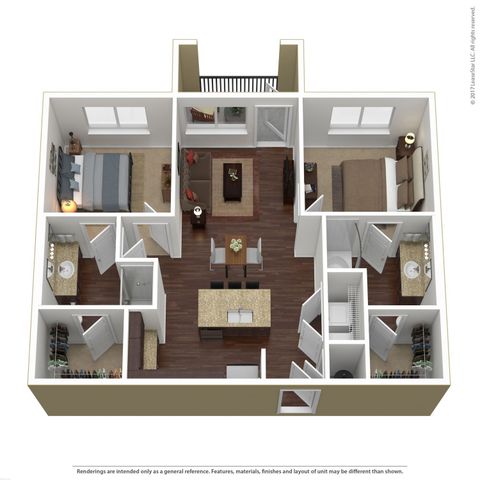 Modern 3D floor plan showcasing 2 bedrooms, an elegant open kitchen with an island, cozy living room, and dual bathrooms.