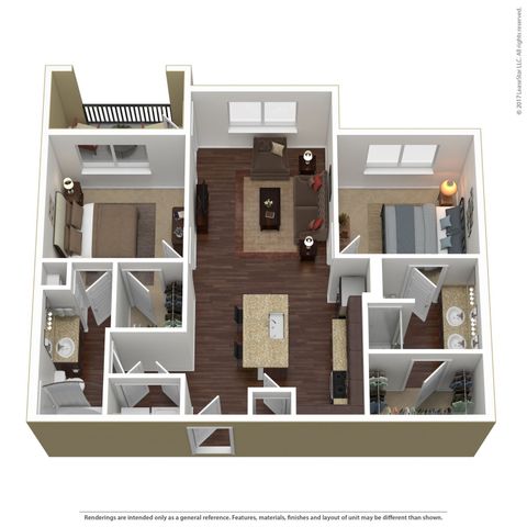 Modern 3D floor plan showcasing a spacious two-bedroom apartment with an open-concept living area, contemporary kitchen with an island, and dual bathrooms. Features a private balcony and stylish interior design.