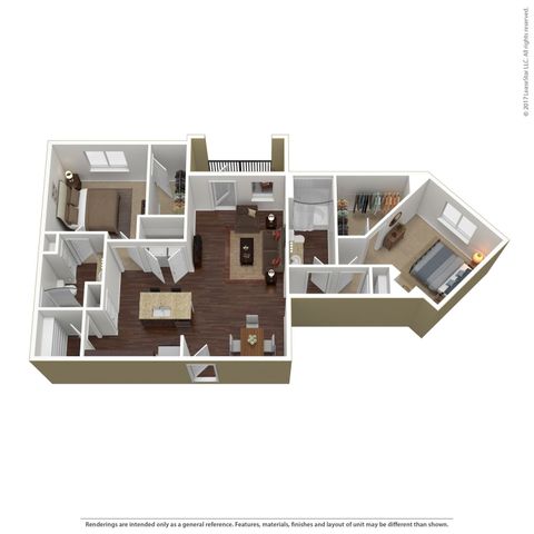 Contemporary 3D floor plan featuring 2 bedrooms, a stylish open living and dining area, and a modern kitchen with an island. Perfect for comfortable and elegant living.