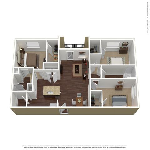 Modern 3D floor plan showcasing a stylish apartment with a spacious kitchen, cozy 2 bedrooms, inviting living area, and sleek bathroom.