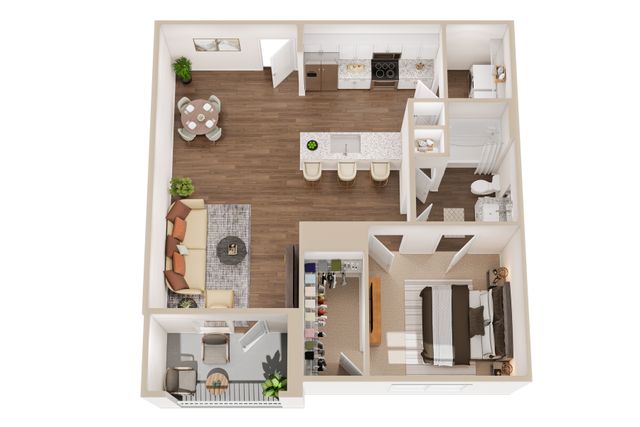 Modern floor plan showcasing a spacious one-bedroom apartment with an open-concept kitchen and dining area, cozy living room, and private balcony.