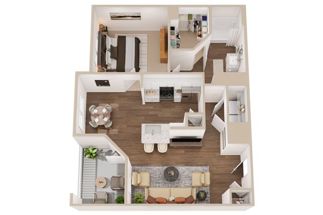 Modern open-concept apartment layout with one bedroom, cozy living room, and sleek kitchen, featuring elegant hardwood floors and inviting outdoor patio space.