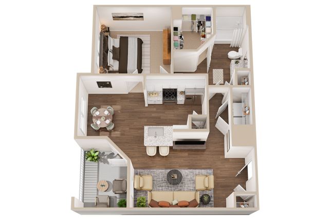 Modern 3D floor plan showcasing a spacious one-bedroom apartment with open-concept kitchen, cozy living area, and elegant dining space. Features include a stylish balcony, walk-in closet, and contemporary bathroom.