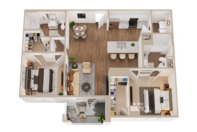 Modern 3D floor plan showcasing 2 bedrooms, a cozy living room, gourmet kitchen with island, and private balcony.
