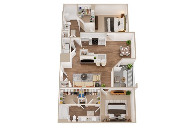 Modern 3D floor plan featuring 2 cozy bedrooms, a sleek open-plan kitchen, stylish living area, and a charming balcony.