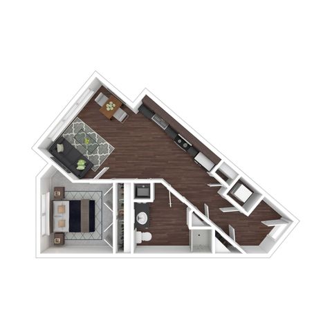 Contemporary floor plan showcasing a unique angular layout, featuring an inviting living room, modern kitchen with sleek countertops, cozy bedroom, and elegant bathroom. Perfect blend of style and functionality.
