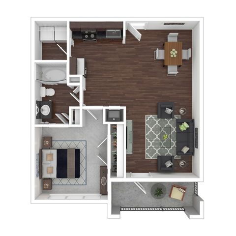 Modern floor plan showcasing 1 bedroom, sleek kitchen, cozy living room, and private balcony in a compact layout.