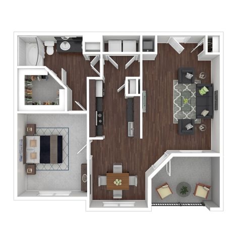 Modern floor plan showcasing 1 bedroom, spacious living room, open dining area, kitchen, and cozy balcony. Perfect for stylish urban living.