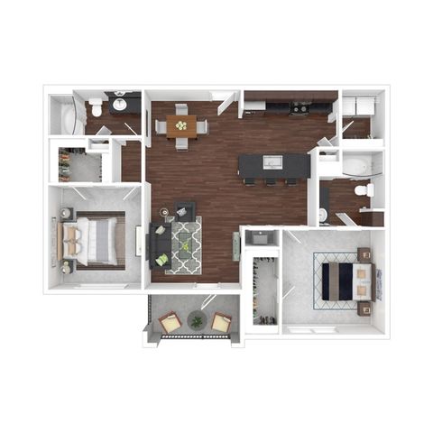 Contemporary 2D floor plan featuring two spacious bedrooms, modern kitchen with island, open-concept living area, and two elegant bathrooms, perfect for stylish living.