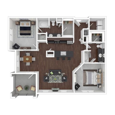 Contemporary 3D floor plan showcasing 2 bedrooms, stylish open-concept kitchen, inviting living room, and spacious balcony for relaxation.