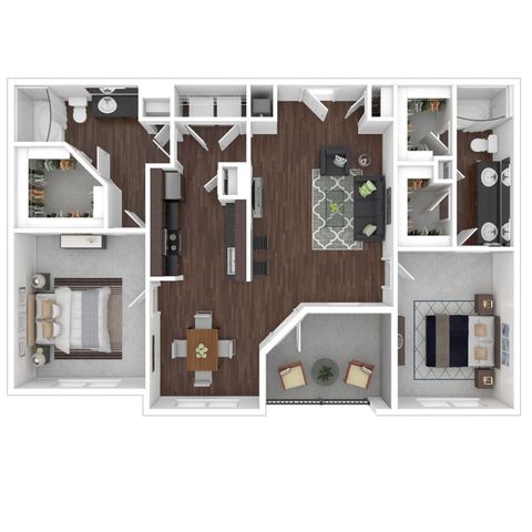 Contemporary 3D floor plan showcasing 2 bedrooms with en-suite bathrooms, open-concept kitchen, cozy living room, and private balcony.