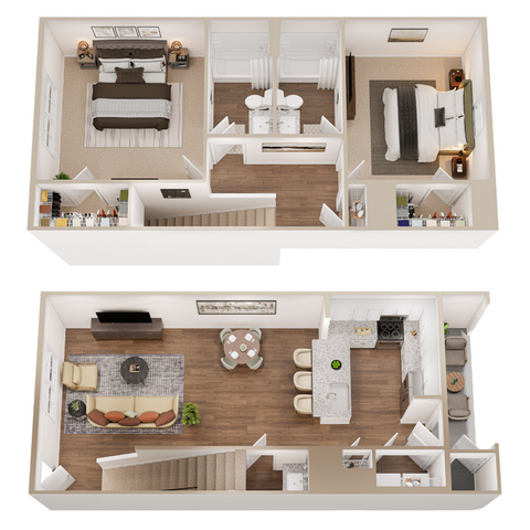 Chic two-story floor plan showcasing two spacious bedrooms, modern kitchen with island, inviting living area, and elegant bathrooms.