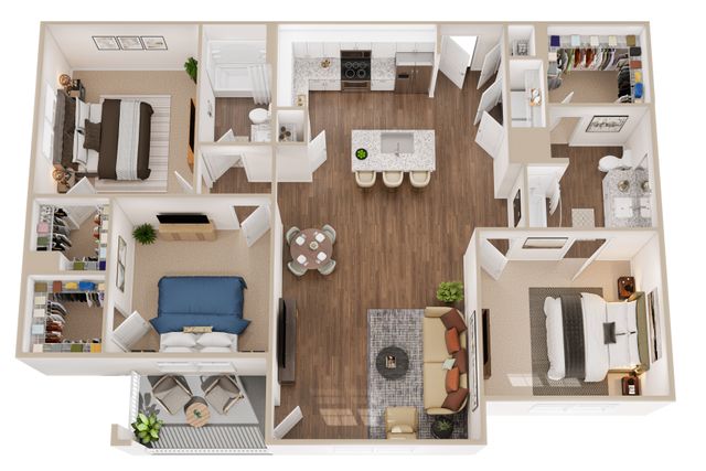 Modern 3D floor plan showcasing 2 bedrooms, open living room, sleek kitchen with island, and balcony seating area.