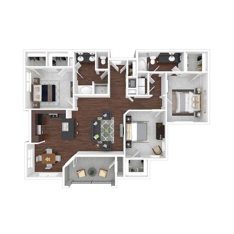 Modern 3D floor plan showcasing two spacious bedrooms, two elegant bathrooms, an open-concept kitchen, and a bright, cozy living area with a balcony.
