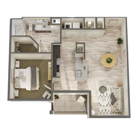 Chic floor plan showcasing a modern apartment with 1 bedroom, spacious open-concept kitchen and living area, stylish dining space, and a cozy balcony.