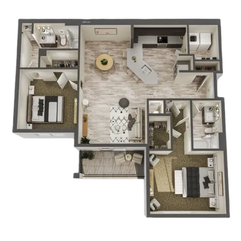 Modern 3D floor plan showcasing 2 bedrooms, open-concept living area, stylish kitchen, and cozy balcony.