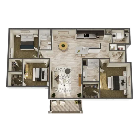 Elegant 3D floor plan showcasing 3 bedrooms, open living area, modern kitchen, and cozy balcony.