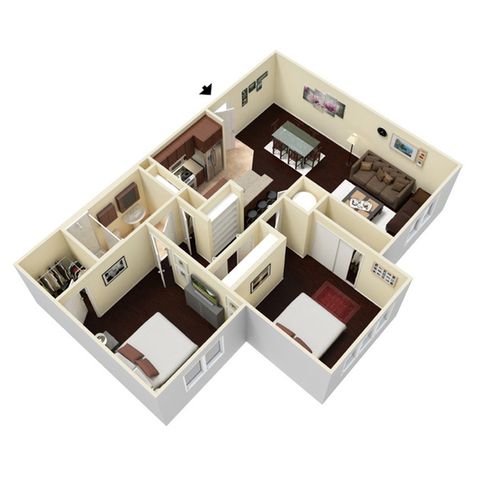Modern 3D floor plan showcasing two cozy bedrooms, a stylish open kitchen, and a spacious living dining area with hardwood floors.