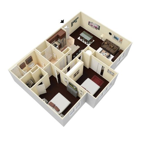 Modern 3D floor plan featuring 2 cozy bedrooms, an elegant open-plan living and dining area, a functional kitchen, and a well-appointed bathroom.