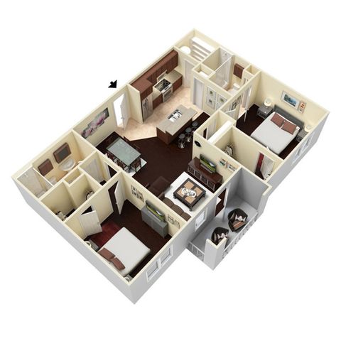 Chic 3D apartment layout with two bedrooms, modern kitchen, cozy living area, and elegant dining space.