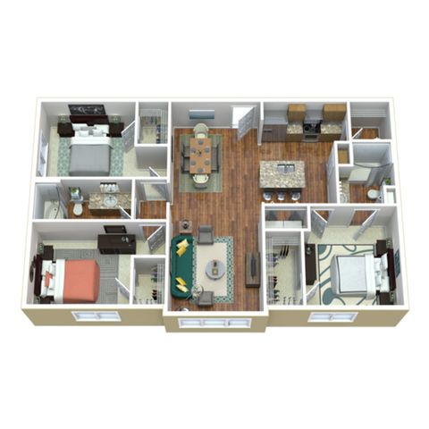 Modern 3D floor plan showcasing 3 bedrooms, elegant open-concept living and dining area, and a contemporary kitchen with an island.