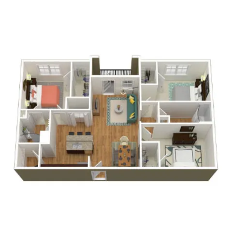 Charming 3D floor plan with 3 bedrooms, a modern open-concept living and dining area, and a well-equipped kitchen.