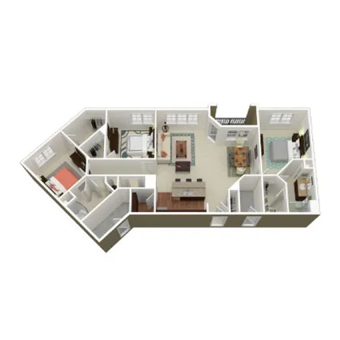 Modern and spacious 3D floor plan featuring three bedrooms, a cozy living area, and a versatile kitchen with ample natural light.