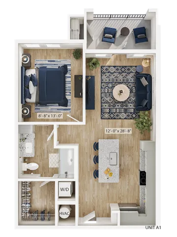 Chic 1-bedroom apartment floor plan featuring an open living area, modern kitchen with island, stylish bathroom, and a cozy balcony. Unit A1 offers a comfortable and efficient layout.