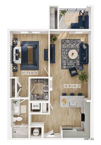 Modern 1-bedroom apartment floor plan featuring a spacious living area, open kitchen with an island, cozy balcony, and convenient walk-in closet.