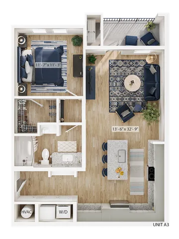 Modern floor plan of Unit A3 showcasing a spacious 1-bedroom layout with an open-concept living area, contemporary kitchen, cozy balcony, and elegant bathroom.