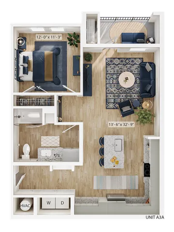 Modern 1-bedroom apartment floor plan showcasing a spacious open-concept living area with elegant furnishings, a stylish kitchen with counter seating, and a cozy lounge balcony.