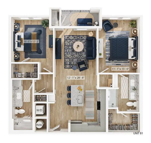 Modern floor plan showcasing a 2-bedroom unit with open living and dining area, featuring a spacious kitchen island and stylish decor.