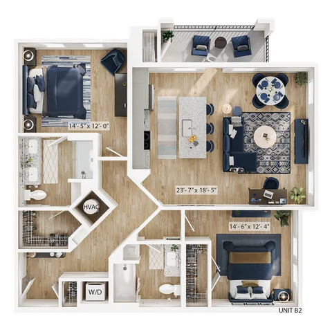 Modern 2D floor plan of Unit B2 featuring a spacious open-concept living and dining area, two elegant bedrooms, two bathrooms, and a convenient kitchen island layout.