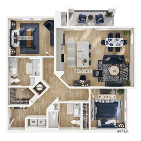 Modern 2D floor plan for Unit B2A featuring 2 spacious bedrooms, a well-appointed open kitchen with island seating, elegant dining area, cozy living room, and sleek bathrooms.