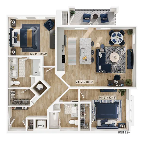 Chic apartment floor plan featuring two elegant bedrooms, modern open-concept living and dining area, spacious kitchen with island, two stylish bathrooms, and a cozy balcony. Perfect blend of comfort and functionality.