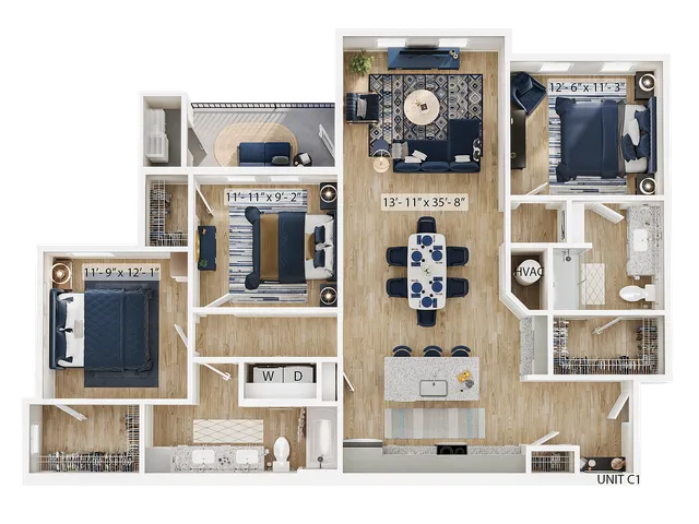 Elegant 3-bedroom floor plan featuring a spacious open-concept living area, modern kitchen with island, and private balcony, ideal for stylish living.