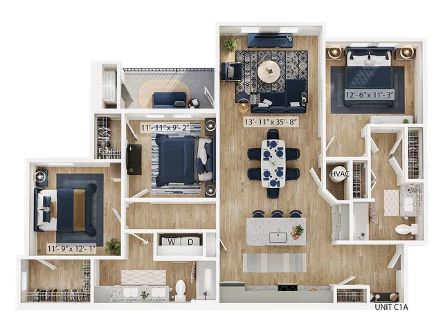 Modern apartment floor plan with 2 spacious bedrooms, elegant open-concept living area, stylish kitchen, and two sleek bathrooms. Unit features dedicated laundry space and cozy outdoor patio, perfect for comfortable living.