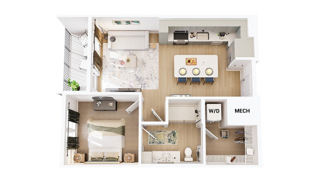 Modern apartment floor plan showcasing a stylish layout with 1 bedroom, spacious living area, sleek kitchen with island, and private balcony. Includes convenient amenities like washer/dryer and mechanical room.