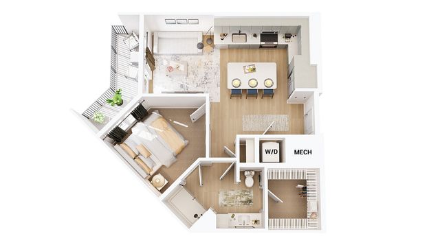 Modern 2D floor plan showcasing a single bedroom, open-concept living and dining area, sleek kitchen with island, spacious balcony, and convenient washer/dryer space.