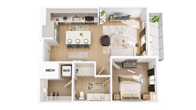 Chic 3D floor plan showcasing a modern 1-bedroom apartment with an open living space, sleek kitchen, and private balcony.