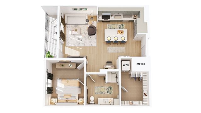 Modern 3D floor plan showcasing a spacious open-concept kitchen and living area, a large bedroom, and a stylish balcony.