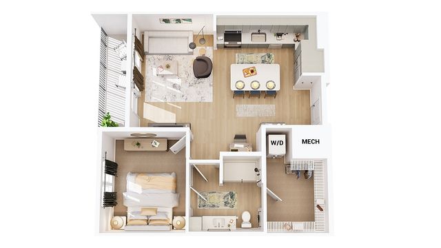 Chic modern floor plan featuring a spacious bedroom, open-concept living area with plush seating, and elegant kitchen with island dining. Includes laundry room and mechanical space for added convenience.